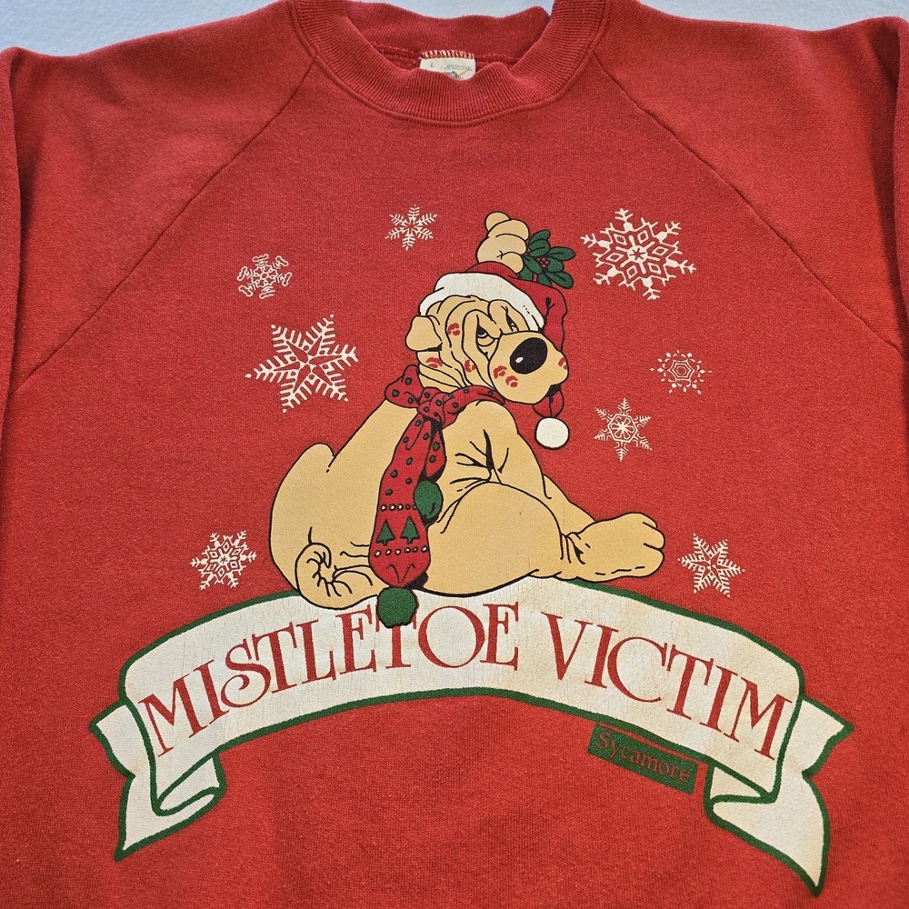 Vtg 80s 90s Shar-Pei Christmas Sweatshirt L Made in USA Fruit of the Loom Raglan